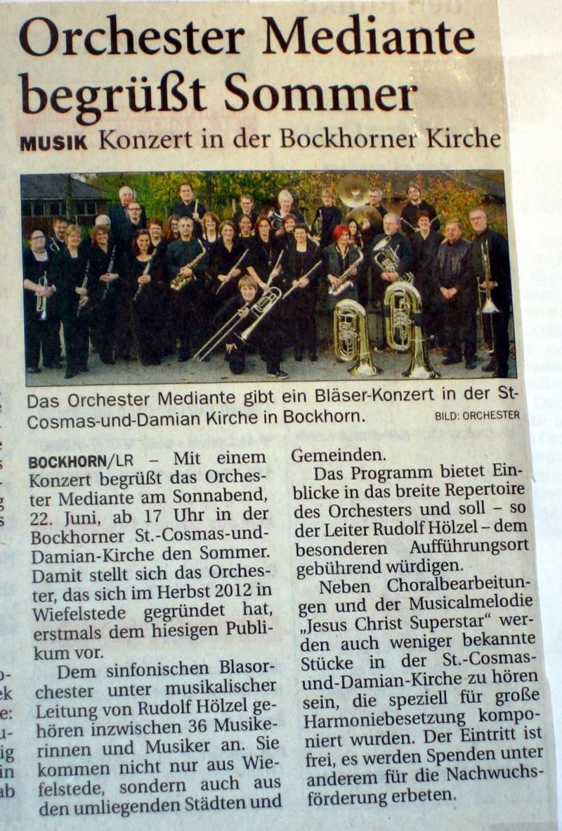 Artikel in der NWZ vom 12.6.2014: Orchester Mediante begrt den Sommer (Ankndigung fr das Kirchenkonzert in Bockhorn)