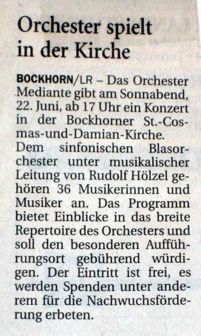 Artikel in der NWZ vom 17.6.2014 (Ankndigung fr das Kirchenkonzert in Bockhorn)