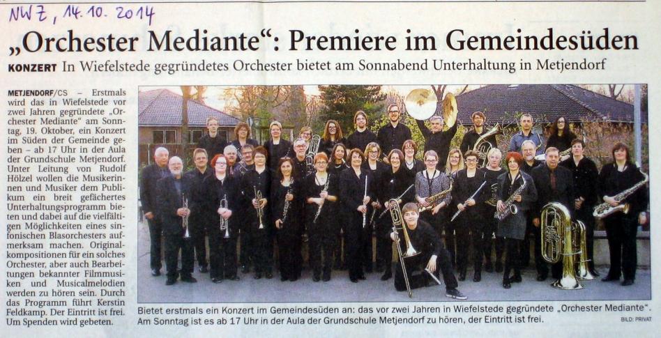 Artikel in der NWZ vom 14.10.2014: Orchester Mediante: Premiere im Gemeindesden (Herbstkonzert 2014 in Metjendorf)