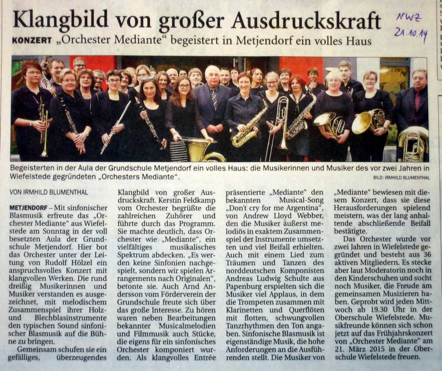 Artikel in der NWZ vom 21.10.2014: Klangbild von groer Ausdruckskraft - Orchester Mediante begeistert in Metjendorf ein volles Haus