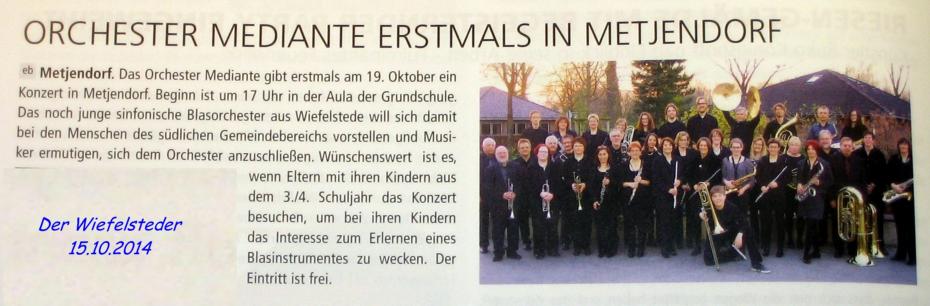 Artikel in Der Wiefelsteder vom 15.10.2014: Orchester Mediante erstmals in Metjendorf (Ankndigung fr das Herbstkonzert)