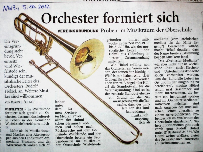Artikel in der NWZ vom 5.10.2012: Orchester Mediante formiert sich