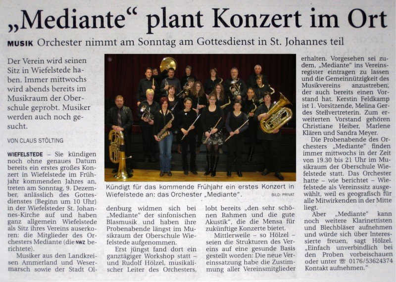 Artikel in der NWZ vom 7.12.2012: Orchester Mediante plant Konzert in Kirche Wiefelstede