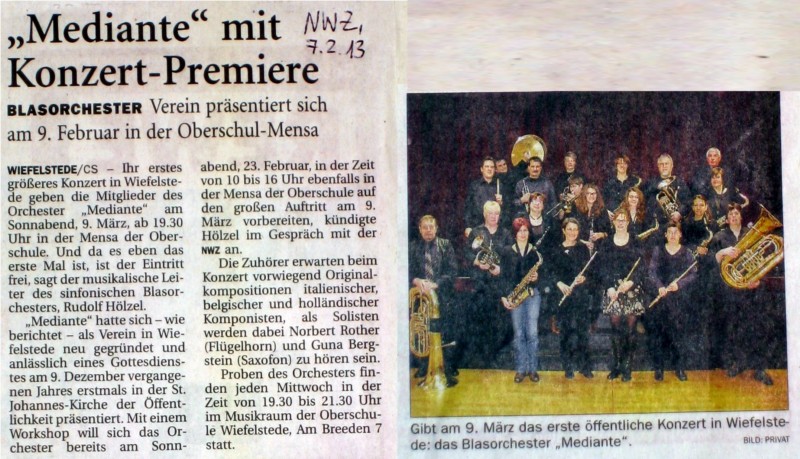 Artikel in der NWZ vom 7.2.2013: Mediante mit Konzert-Premiere