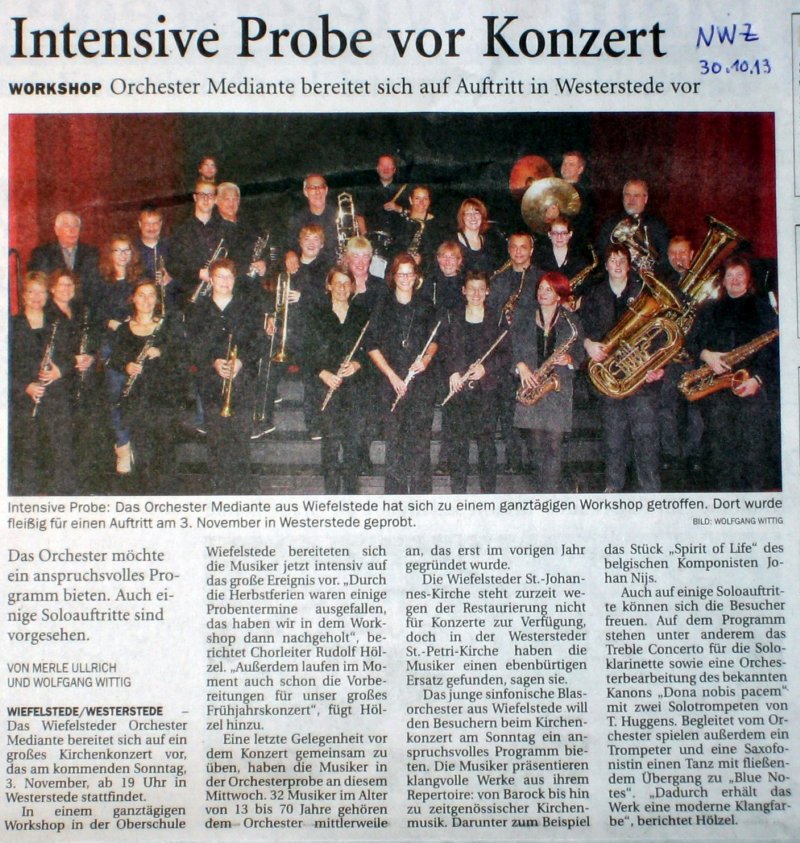 Artikel in der NWZ vom 30.10.2013: Intensive Probe vor Konzert (Orchester Mediante)