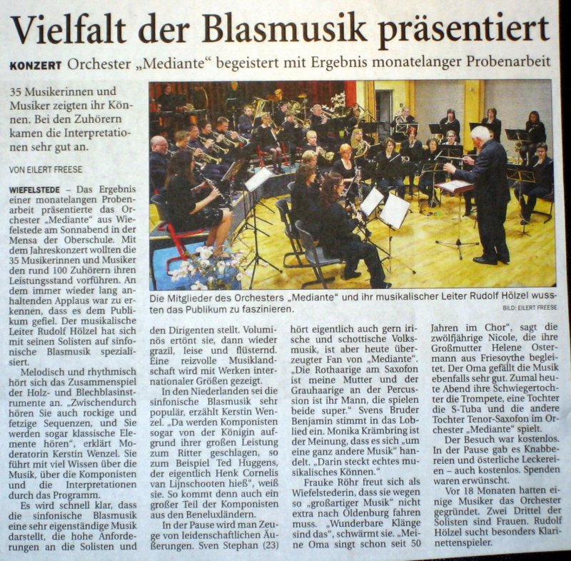 Artikel in der NWZ vom 31.03.2014: Vielfalt der Blasmusik prsentiert - Orchester Mediante begeistert mit Ergebnis monatelanger Probenarbeit
