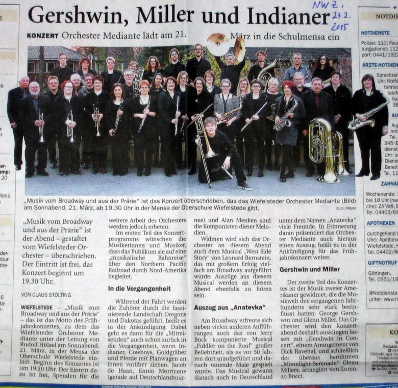 Artikel in der NWZ vom 27.02.2015: Gershwin, Miller und Indianer - Orchester Mediante ldt am 21. Mrz in die Schulmensa ein