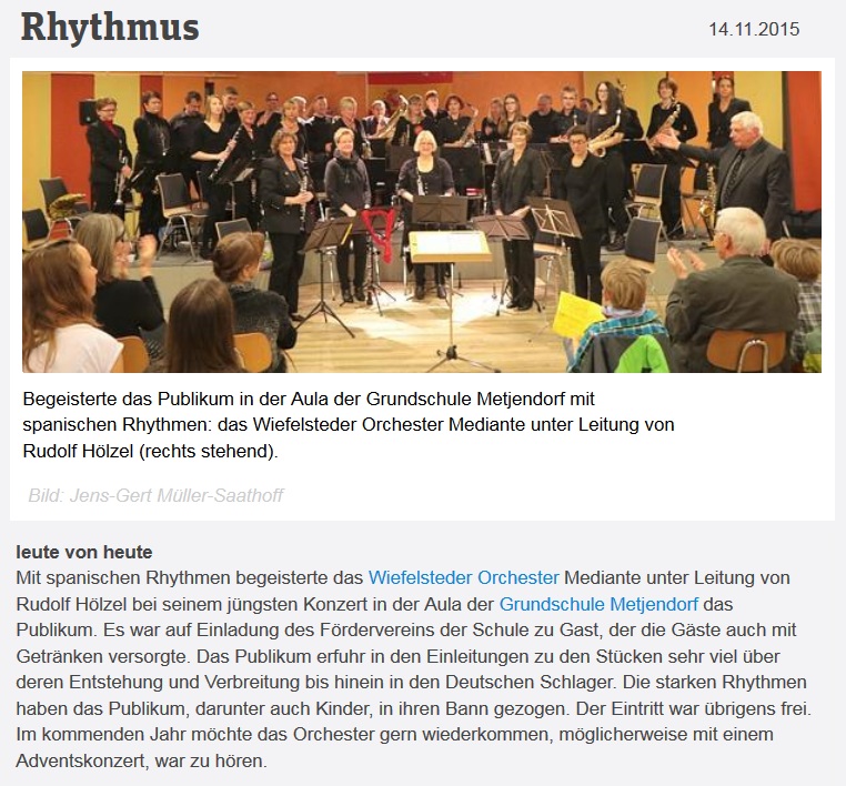 Artikel in der NWZ-Online vom 14.11.2015 ber das Herbstkonzert am 8.11.2015 in Grundschule Metjendorf: Rhythmus