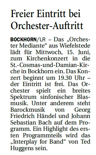 Artikel in der NWZ vom 08.06.2016: Freier Eintritt bei Orchester-Auftritt am 15. Juni 2016 in Bockhorn