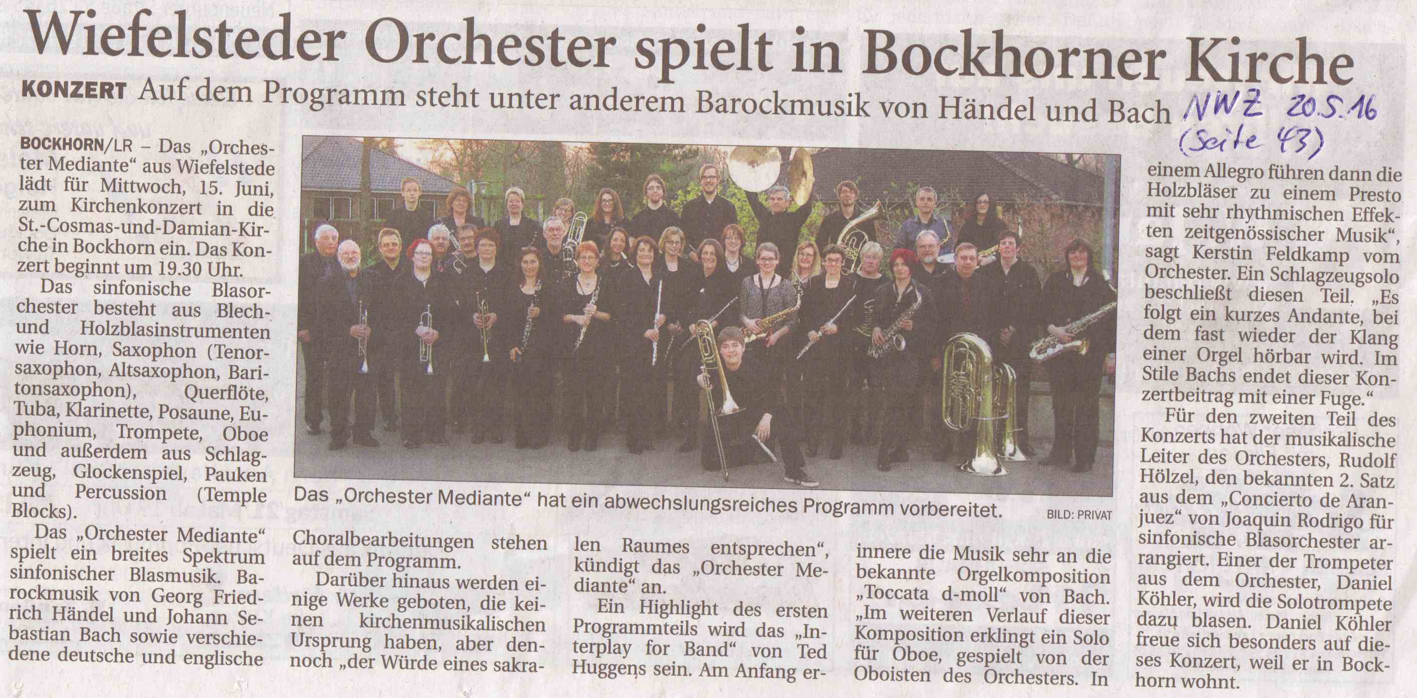 Artikel in der NWZ vom 20.05.2016: Wiefelsteder Orchester spielt in Bockhorner Kirche am 15. Juni 2016 um 19:30 Uhr